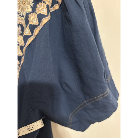 Free People Dress Large Aline Denim Embroidered Foral Short Sleeve Mini Boho - Picture 12 of 12